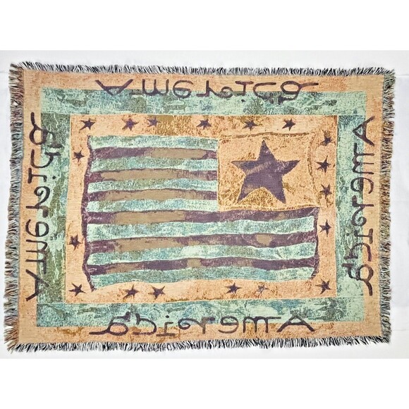VTG Tapestry American Flag throw Lap Blanket Patriotic Fringed 70in x 50in - Picture 10 of 12